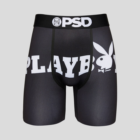front view of black mens playboy briefs with playboy logo written in white | PSD New Zealand