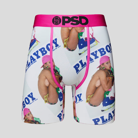 front view of mens playboy brief with sexy playboy bunny with pink cap print | PSD New Zealand