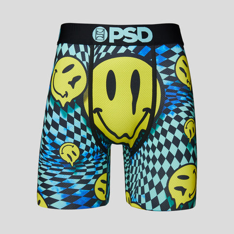 front view of blue diamond checkered and melting yellow smiley mens micro mesh underwear | PSD New Zealand