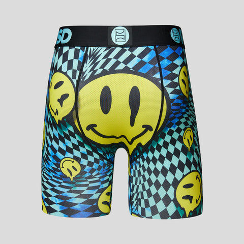 full back view of blue diamond checkered and melting yellow smiley mens micro mesh underwear | PSD New Zealand