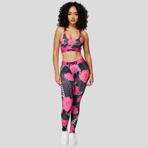 black and neon pink rose women's leggings | PSD New Zealand