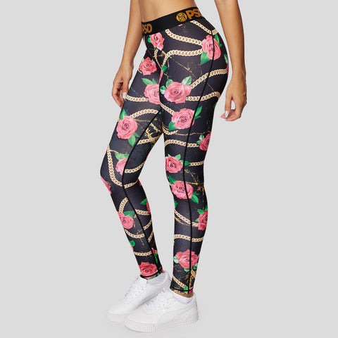 3/4th view of women's leggings set with gold chain and rose design | PSD New Zealand