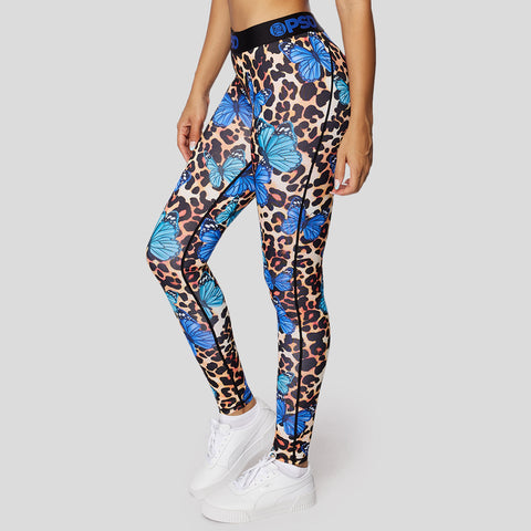 3/4th view of cheetah print with blue butterflies women's leggings | PSD New Zealand