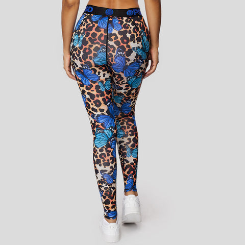 back view of cheetah print with blue butterflies women's leggings | PSD New Zealand