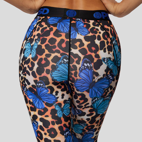 zoom in back view of cheetah print with blue butterflies women's leggings | PSD New Zealand