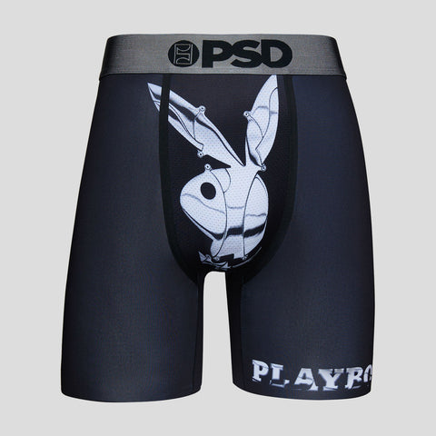 front view of black mens playboy briefs with white playboy logo on crotch area and playboy written in white on left thigh | PSD New Zealand