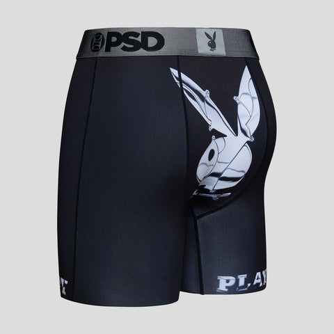 3/4th back view of black mens playboy briefs with white playboy logo on crotch area and playboy written in white on left thigh | PSD New Zealand