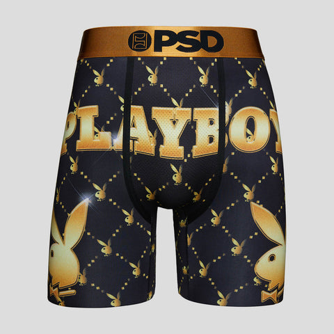 front view of black mens playboy briefs with playboy logo monogram written in gold | PSD New Zealand