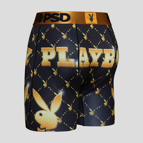 3/4th back view of black mens playboy briefs with playboy logo monogram written in gold | PSD New Zealand