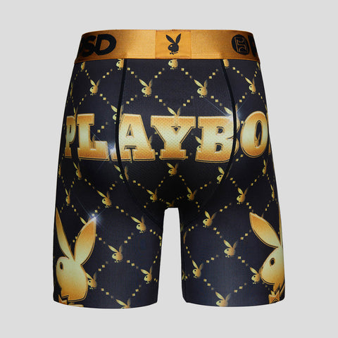 full back view of black mens playboy briefs with playboy logo monogram written in gold | PSD New Zealand